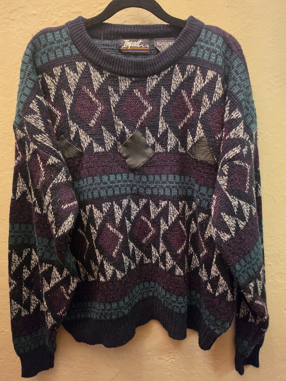 Vintage Impact L Geometric Grandpa Sweater Genuine Leather Trim 80s 90s